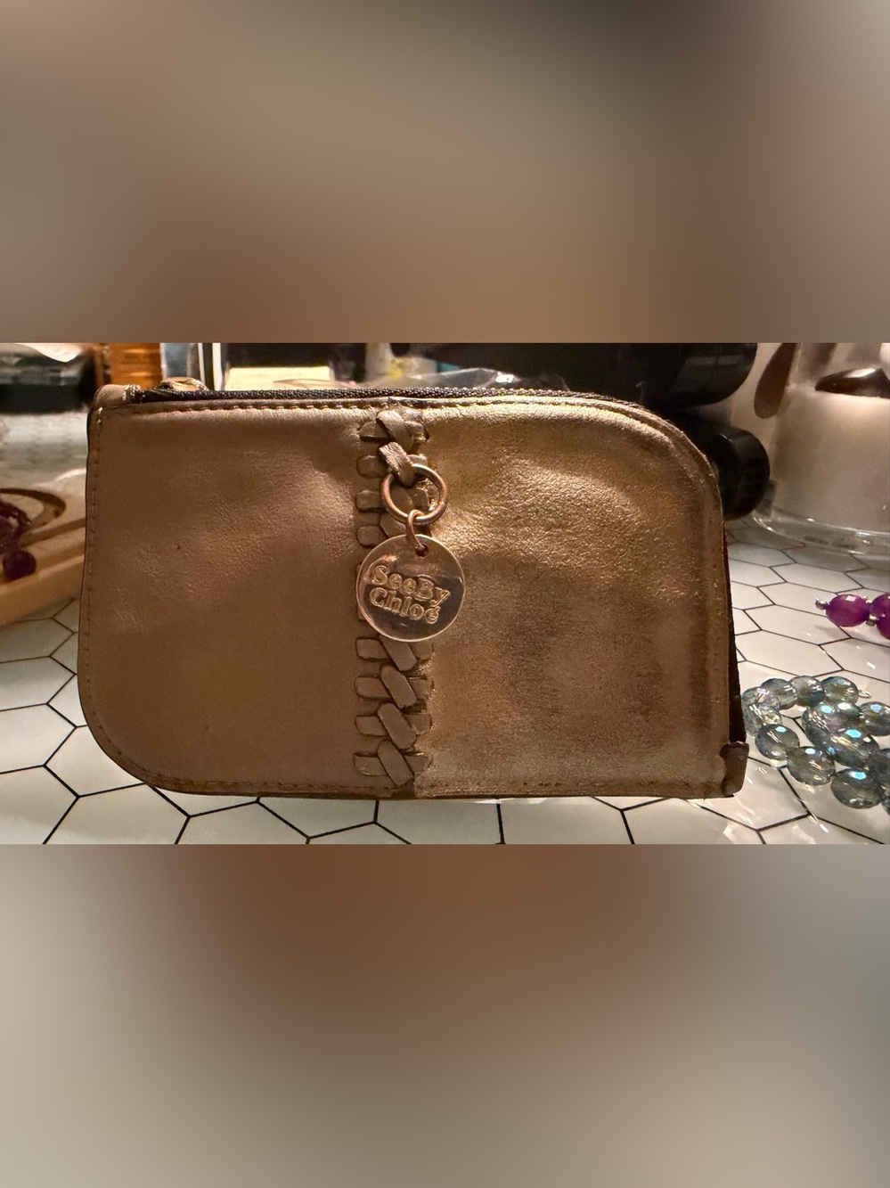 See by Chloé Metallic Gold & Taupe Leather Zip Wallet Coin Purse